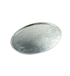 Circular metal base plate against a white background