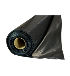 A roll of black polythene builders film against a white background